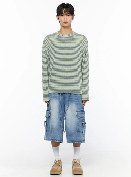 Men's Striped Knit Long Sleeve Tee IL515 Mint full-body front shot on model styled with blue denim cargo shorts and suede shoes