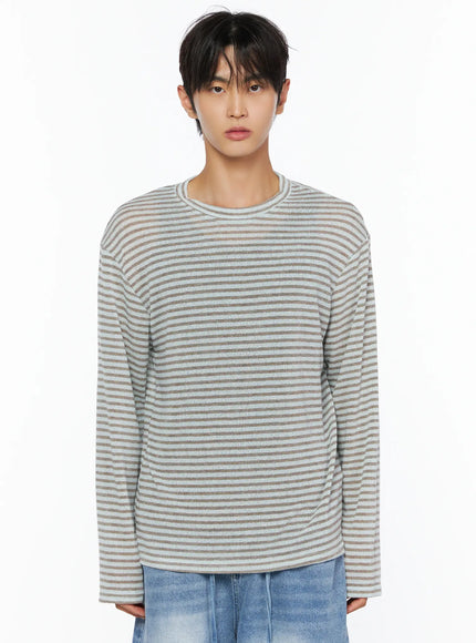 Men's Striped Knit Long Sleeve Tee IL515 Mint front upper-body shot on model showing light blue and brown horizontal stripe knit texture