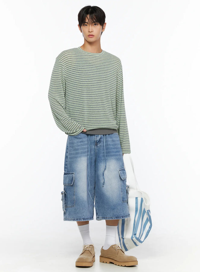 Men's Striped Knit Long Sleeve Tee IL515 in Green, size S/M