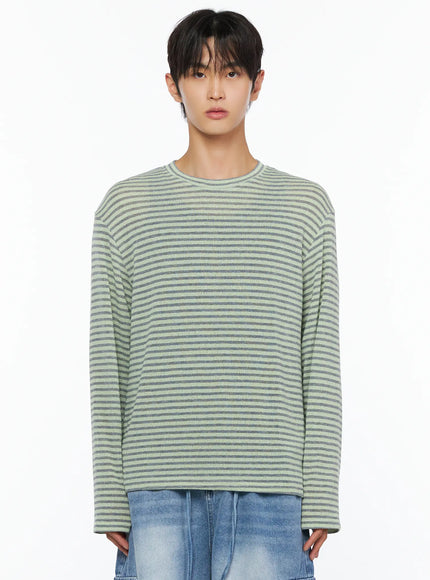 Men's Striped Knit Long Sleeve Tee IL515 Mint front upper-body shot on model showing crew neck and green-grey horizontal stripe knit detail
