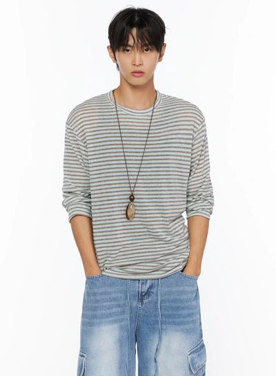 LEWKIN Men's Striped Knit Long Sleeve Tee IL515 Mint front close-up on model wearing necklace styled with blue cargo denim shorts