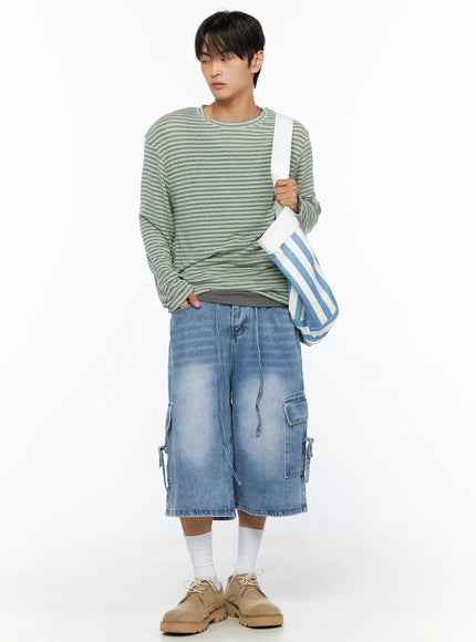 Men's Striped Knit Long Sleeve Tee IL515 Mint full-body front styling shot on model holding striped tote bag with denim cargo shorts