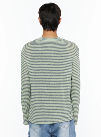 Men's Striped Knit Long Sleeve Tee IL515 Mint back shot on model showing clean back silhouette and horizontal stripe knit texture