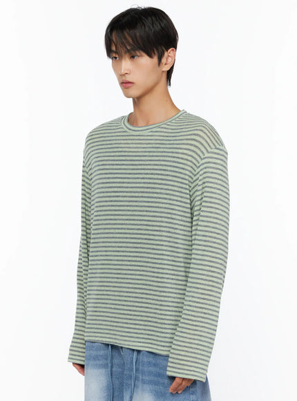 Men's Striped Knit Long Sleeve Tee IL515 Mint side shot on model showing crew neckline and textured horizontal stripe knit fabric