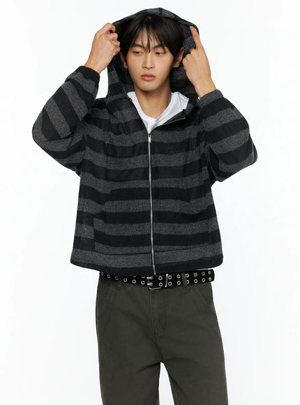 LEWKIN Men's Striped Knit Zip-Up Hoodie IL528 Black S/M front model shot hands lifting hood charcoal gray stripe open-knit texture layered over white tee
