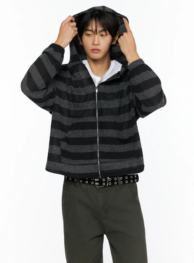 LEWKIN Men's Striped Knit Zip-Up Hoodie IL528 Black S/M front model shot hands lifting hood charcoal gray stripe open-knit texture layered over white tee