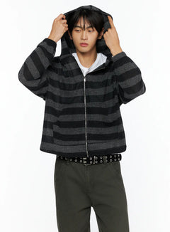 LEWKIN Men's Striped Knit Zip-Up Hoodie IL528 Black S/M front model shot hands lifting hood charcoal gray stripe open-knit texture layered over white tee