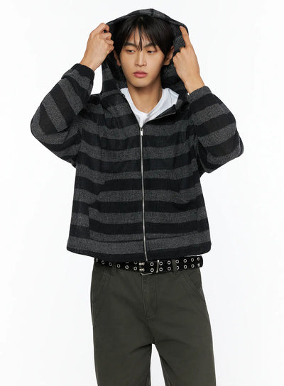 LEWKIN Men's Striped Knit Zip-Up Hoodie IL528 Black S/M front model shot hands lifting hood charcoal gray stripe open-knit texture layered over white tee