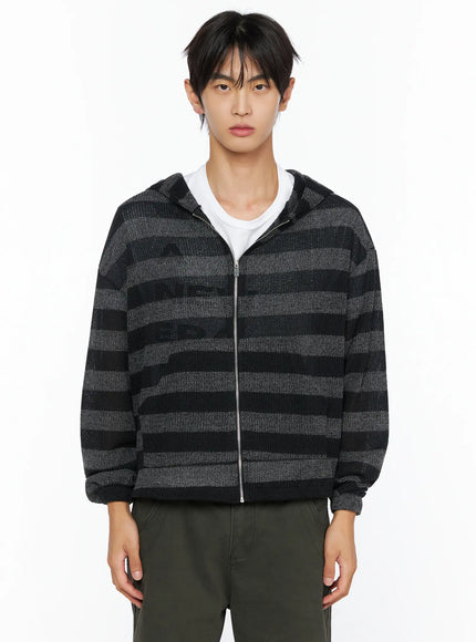 Men's Striped Knit Zip-Up Hoodie IL528 Black front model shot waist-up zip closed charcoal black bold stripe open-knit texture with lettuce-edge hem detail layered white tee
