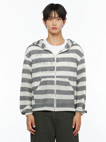 Men's Striped Knit Zip-Up Hoodie IL528 in Light beige, size S/M