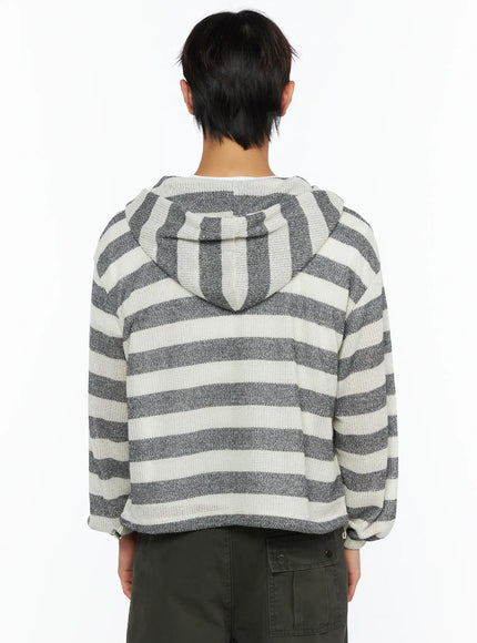 Men's Striped Knit Zip-Up Hoodie IL528 Gray White back model shot showing striped knit hood construction open-knit waffle texture ribbed hem layered over white tee