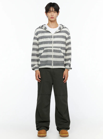 Men's Striped Knit Zip-Up Hoodie IL528 Gray White front full-body model shot standing upright zip closed open-knit stripe hoodie with kangaroo pocket paired with dark cargo pants