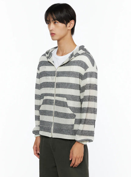 Men's Striped Knit Zip-Up Hoodie IL528 Gray White side model shot three-quarter angle zip open showing kangaroo pocket open-knit waffle stripe texture hoodie