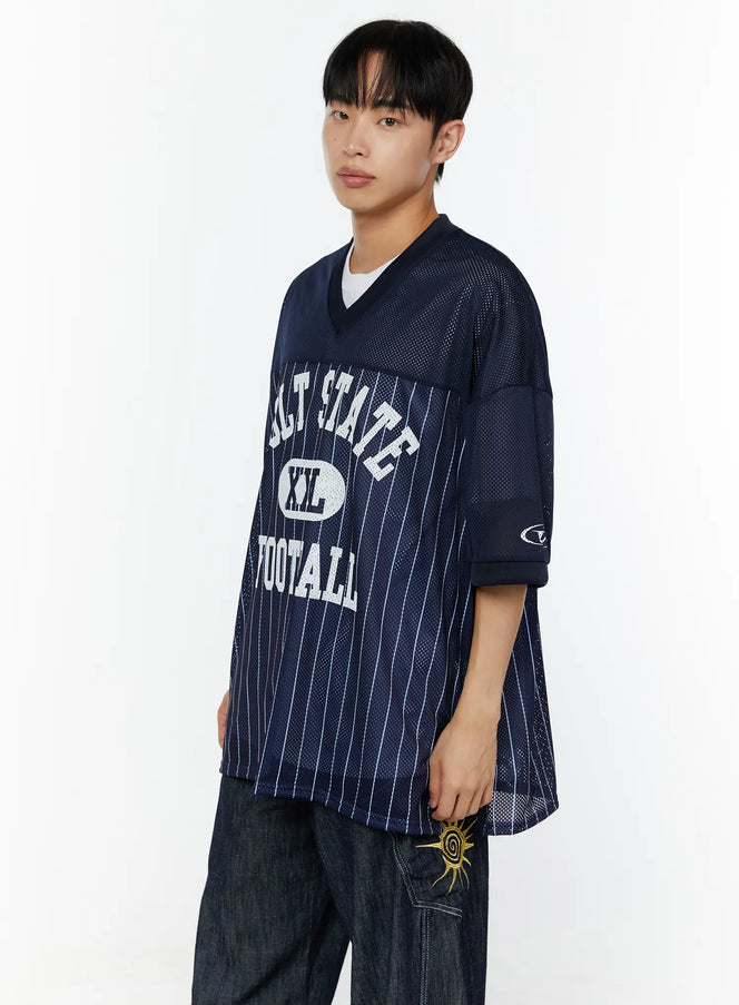 Men's Striped Oversized T-Shirt IU529 in Dark blue, size M/L