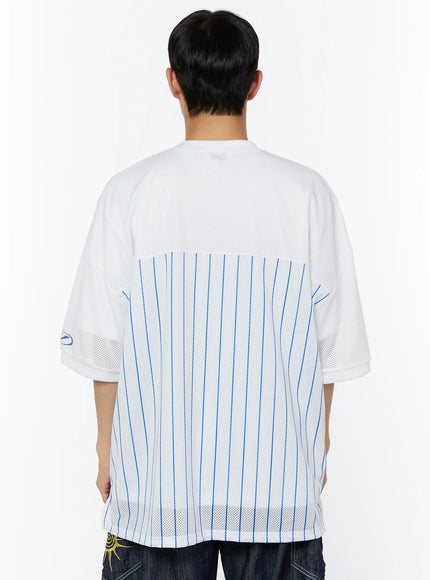 Men's Striped Oversized T-Shirt IU529 White back model shot showing blue vertical pinstripes on lower panel, mesh upper back and dropped shoulders with side logo patch