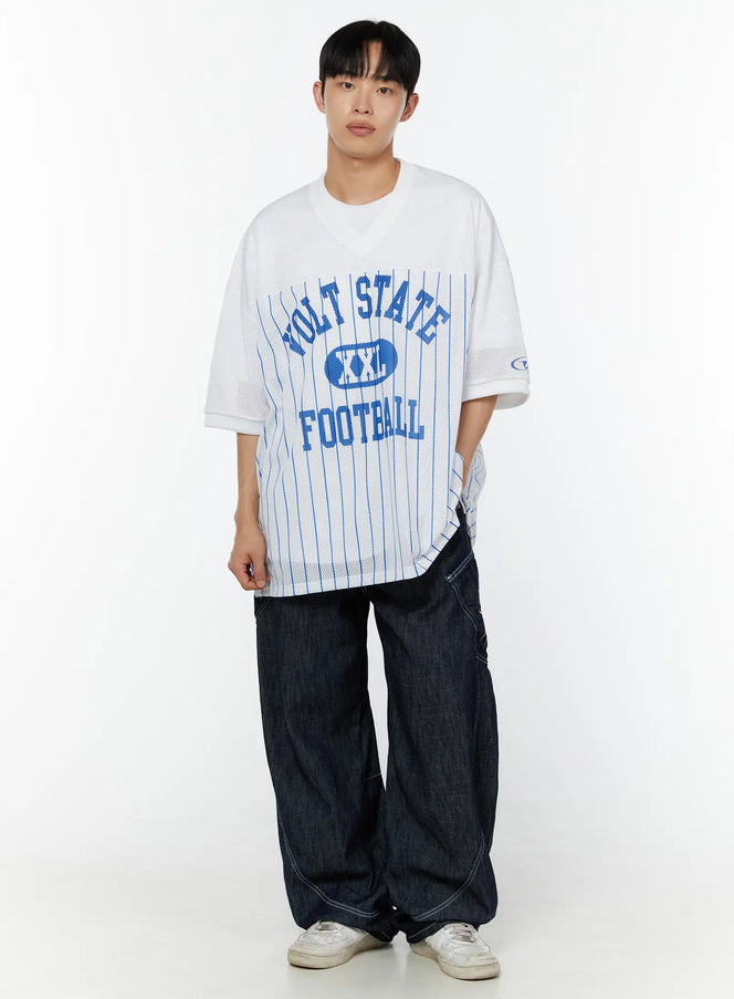 LEWKIN Men's Striped Oversized T-Shirt IU529 White front full-body model shot styled with dark wide-leg jeans and white sneakers, blue VOLT STATE FOOTBALL graphic on mesh fabric