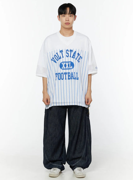 Men's Striped Oversized T-Shirt IU529 White front full-body model standing straight with arms relaxed, blue pinstripe mesh fabric and VOLT STATE FOOTBALL chest graphic