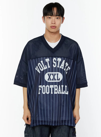 Men's Striped Oversized T-Shirt IU529 Navy front model close-up showing white VOLT STATE XXL FOOTBALL graphic, white pinstripes, V-neck mesh panel and oversized boxy fit