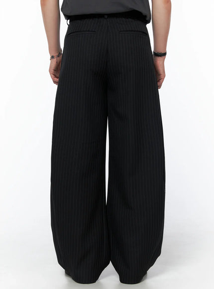 Men's Striped Pintuck Wide Pants IU523 Black back shot on model showing wide-leg silhouette rear view with back pockets and pinstripe pattern