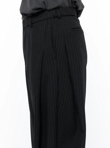 Men's Striped Pintuck Wide Pants IU523 Black close-up detail shot showing pintuck pleats at waistband and back pocket with pinstripe woven fabric