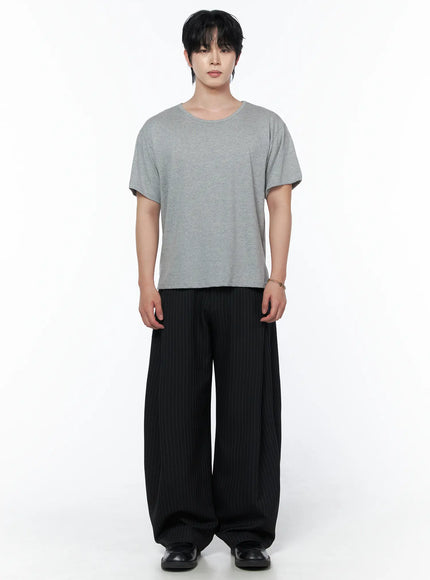 Men's Striped Pintuck Wide Pants IU523 Black front full-body shot on male model standing straight styled with gray crew-neck t-shirt and black loafers