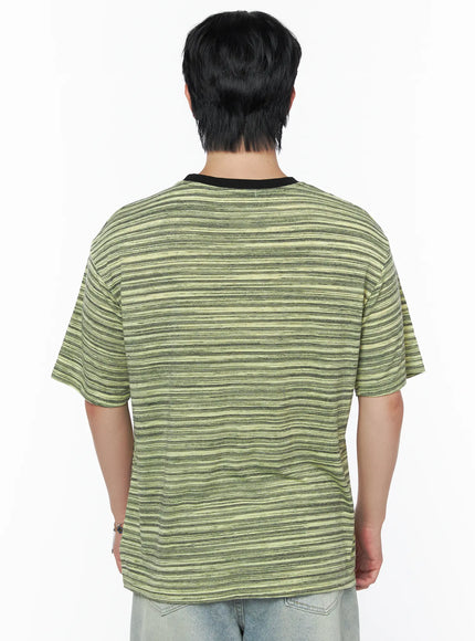 Men's Striped Short Sleeve Tee IL502 Green back shot on male model showing relaxed oversized silhouette and full back stripe pattern with black neckline trim