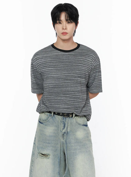 LEWKIN Men's Striped Short Sleeve Tee IL502 Gray front crop shot on male model hands behind back paired with ripped light wash jeans and black belt