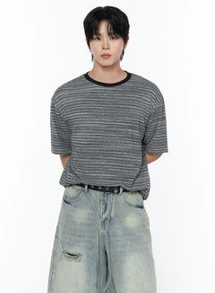 LEWKIN Men's Striped Short Sleeve Tee IL502 Gray front crop shot on male model hands behind back paired with ripped light wash jeans and black belt