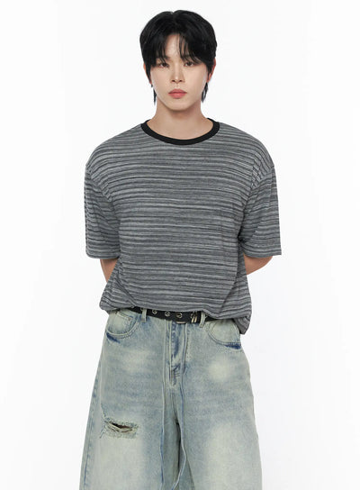 LEWKIN Men's Striped Short Sleeve Tee IL502 Gray front crop shot on male model hands behind back paired with ripped light wash jeans and black belt