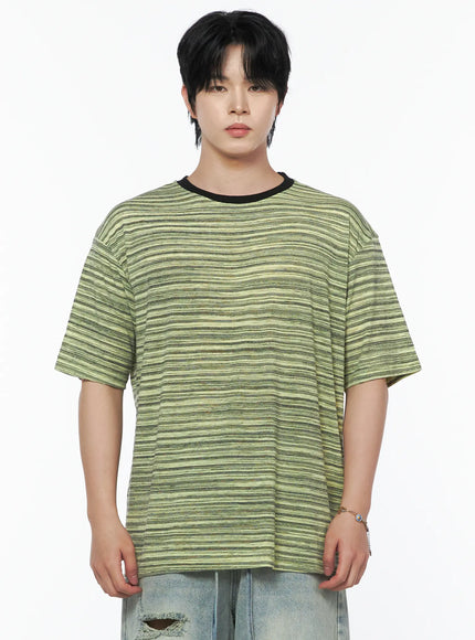 Men's Striped Short Sleeve Tee IL502 Green front close-up shot on male model showing horizontal stripe knit texture and black contrast crew neckline detail