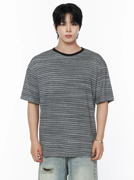Men's Striped Short Sleeve Tee IL502 Gray front close-up shot on male model showing heathered horizontal stripe fabric and black contrast crewneck rib trim