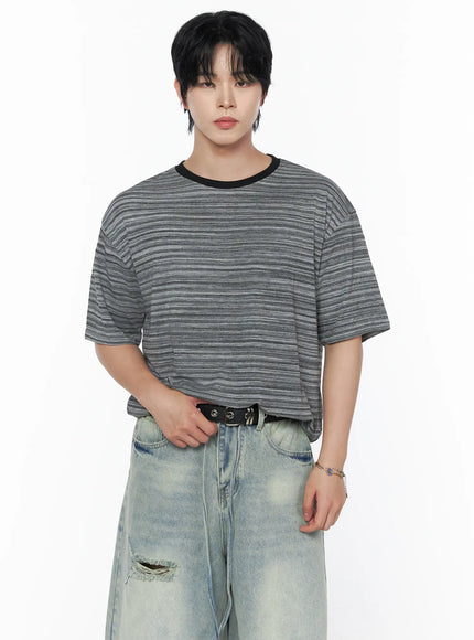 Men's Striped Short Sleeve Tee IL502 in Gray, size M/L