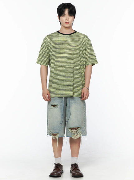 Men's Striped Short Sleeve Tee IL502 Green full-body front shot on male model standing straight styled with ripped denim shorts and brown dress shoes