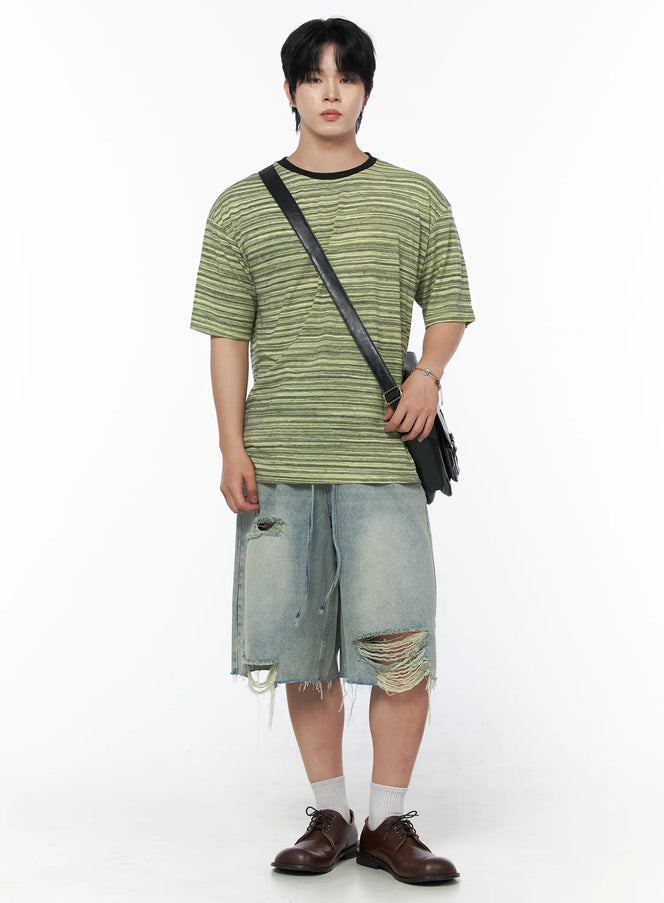 Men's Striped Short Sleeve Tee IL502 in Yellow, size M/L