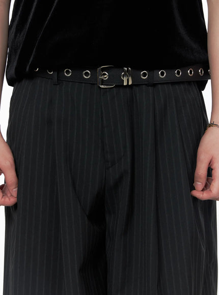 Men's Striped Shorts & Belt Set (Black) IL502 Black close-up detail shot of waistband and grommet belt showing pinstripe texture pleats and silver double-ring buckle
