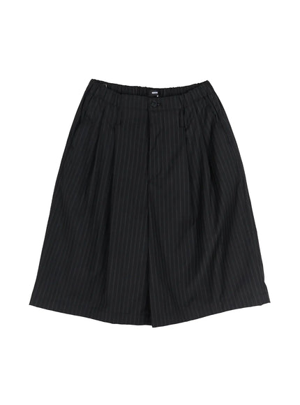Men's Striped Shorts & Belt Set (Black) IL502 Black flat-lay front shot of shorts alone showing pinstripe pattern pleats elastic waistband and single button closure