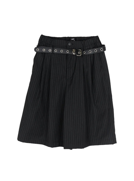 Men's Striped Shorts & Belt Set (Black) IL502 Black flat-lay front shot of shorts with grommet eyelet belt styled showing pinstripe fabric elastic waist and button detail