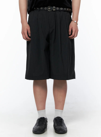 Men's Striped Shorts & Belt Set (Black) IL502 Black front close-up model shot cropped view of pinstripe wide-leg shorts with grommet belt and pleated waistband