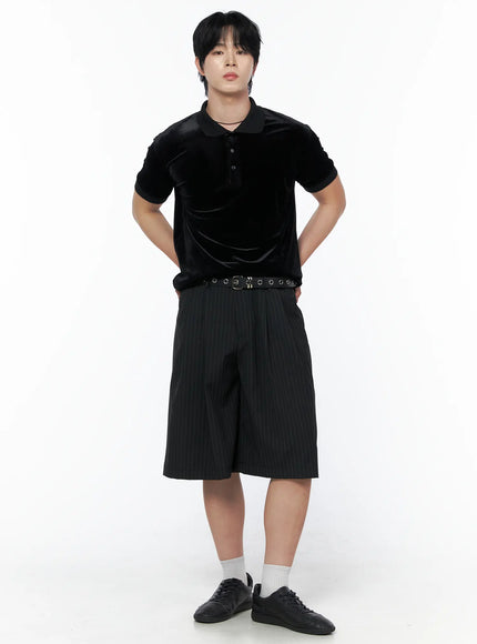 Men's Striped Shorts & Belt Set (Black) IL502 Black full-body front model shot hands behind back styled with black velvet polo shirt white socks and black sneakers
