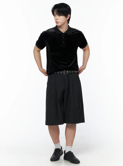 Men's Striped Shorts & Belt Set (Black) IL502 Black three-quarter front model shot relaxed pose looking to side styled with black velvet polo grommet belt and sneakers
