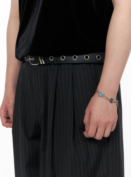 Men's Striped Shorts & Belt Set (Black) IL502 Black close-up side detail shot showing pinstripe fabric pleats belt buckle and charm bracelet accessory