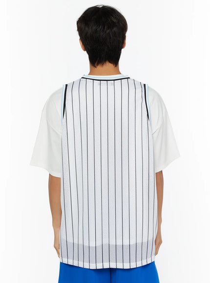 Men's Striped Sleeveless Jersey IL509 White back shot on male model showing plain pinstripe mesh back panel, black side trim, layered over white tee