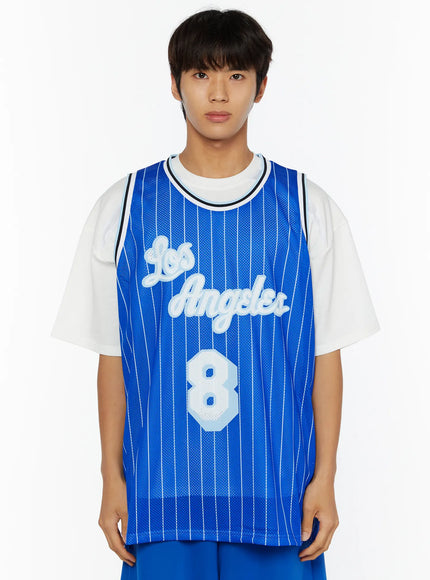 Men's Striped Sleeveless Jersey IL509 in Blue, size M/L