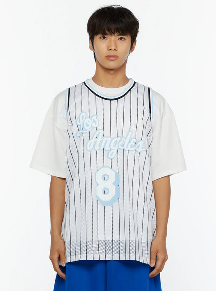 Men's Striped Sleeveless Jersey IL509 White close-up front shot on male model from chest up, blue Los Angeles script applique and number 8 on white pinstripe mesh