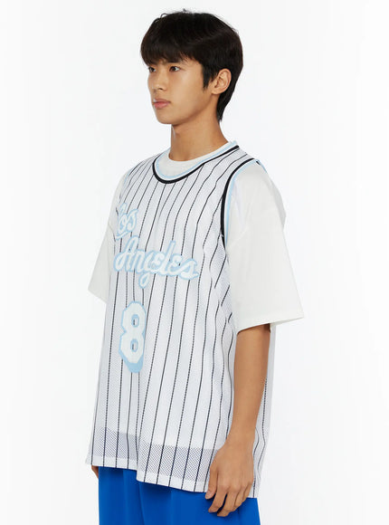 Men's Striped Sleeveless Jersey IL509 White side shot on male model turned left, showing Los Angeles script and number 8 applique on pinstripe mesh fabric