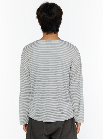 Men's Striped V-Neck Long Sleeve Tee IL515 Gray back shot on model showing relaxed boxy silhouette wide neckline and horizontal stripe pattern on textured fabric