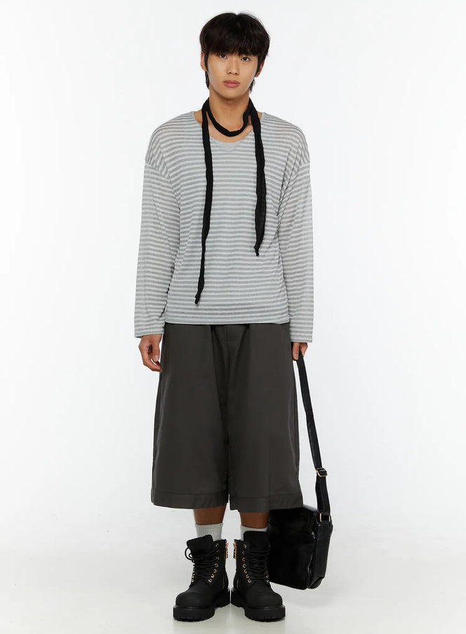 LEWKIN Men's Striped V-Neck Long Sleeve Tee IL515 Gray S/M front shot on model standing upright styled with black scarf wide shorts and combat boots