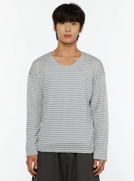 Men's Striped V-Neck Long Sleeve Tee IL515 Gray close-up front shot on model from chest up showing V-neck opening dropped shoulders and terry-like stripe texture