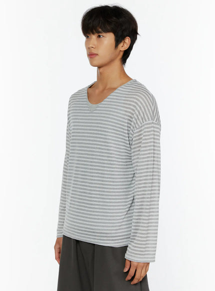 Men's Striped V-Neck Long Sleeve Tee IL515 Gray side shot on model showing dropped shoulder seam long sleeve fit and horizontal stripe texture