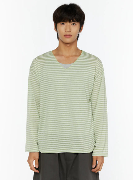 Men's Striped V-Neck Long Sleeve Tee IL515 in Light green, size S/M